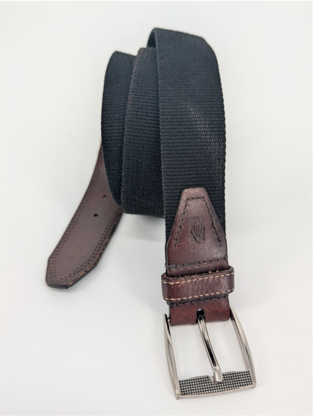 Martin Dingman Men’s Black Elastic Web Belt Brown Leather Size 42 105